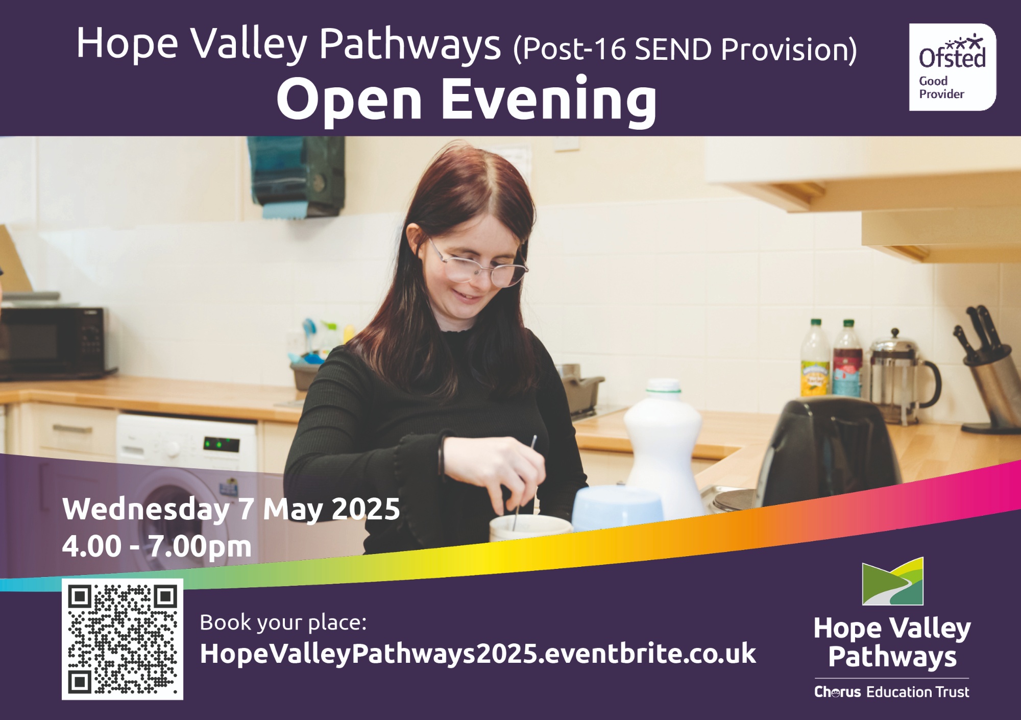 Advert for open evening with booking details