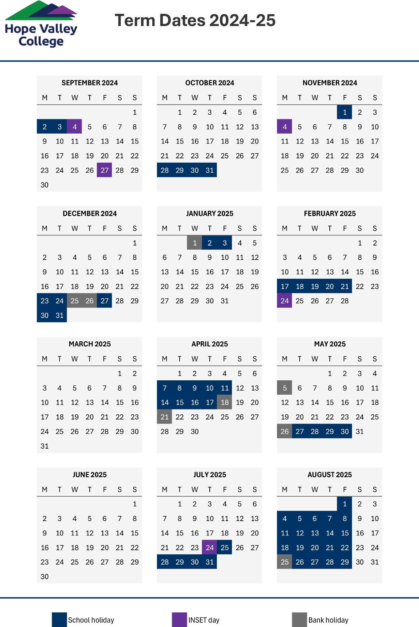 Calendar showing term dates with link to download